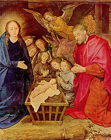 25 december  Aanbidding van het kind Jezus door de engelen te Bethlehem, door Hugo van der Goes 