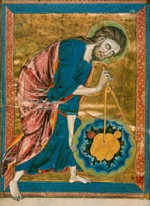 God die de wereld schept, miniatuur op het voorblad van de Bible Moralisée Parijs ca. 1220-1230. Oostenrijks Nationale Bibliotheek. 1179, Wenen .
