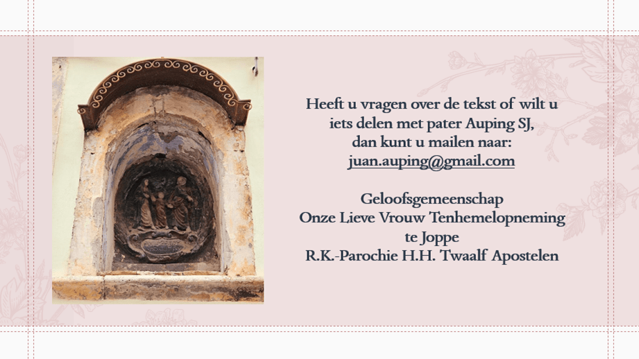 Gevelsteen Heilige Familie
“Nadat Herodes gestorven was, verscheen in Egypte een engel van de Heer in een droom aan Jozef en zei: ‘Sta op, neem het Kind en zijn moeder en trek naar het land Israël, want die het Kind naar het leven stonden zijn gestorven.’ Hij stond op, nam het Kind en zijn moeder en ging naar het land Israël “ (Matteüs 2,19-21).